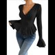 thumbnail image 1 of Camiseta Elegante de Larga con Cuello en V para Mujer, Otoño e Invierno, con Volantes, Corte Entallado y Mangas Acampanadas Negro M, 1 of 9