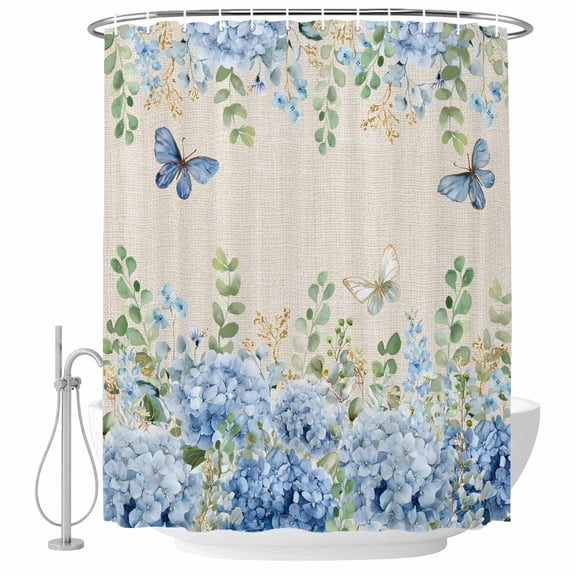 Blue Hydrangea Shower Curtain Set - 48" x 72" Washable Bathtub Curtain with 12 Hooks, Spring Summer Eucalyptus Vintage Beige Waterproof Fabric Stall Shower Curtains for Bathroom/Bathtub Décor