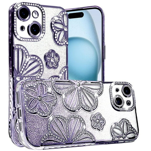 For Apple iPhone 15 /6.1" Luxury Floral Design Sparkle Glitter Diamond Crystal Rhinestone Shimmer Bling Plating Thick TPU Hard PC Cover, XPM Phone Case [Flower Purple]