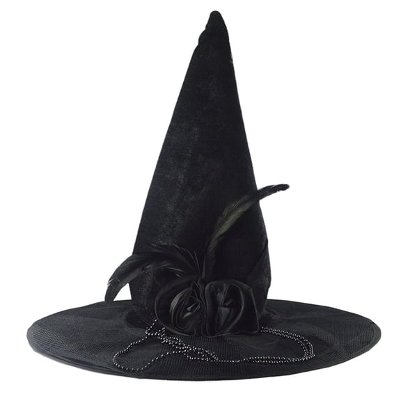 XIAOCHA Womens Feather Witch Hat Halloween Wide Brim Party Cosplay Headpiece,Black