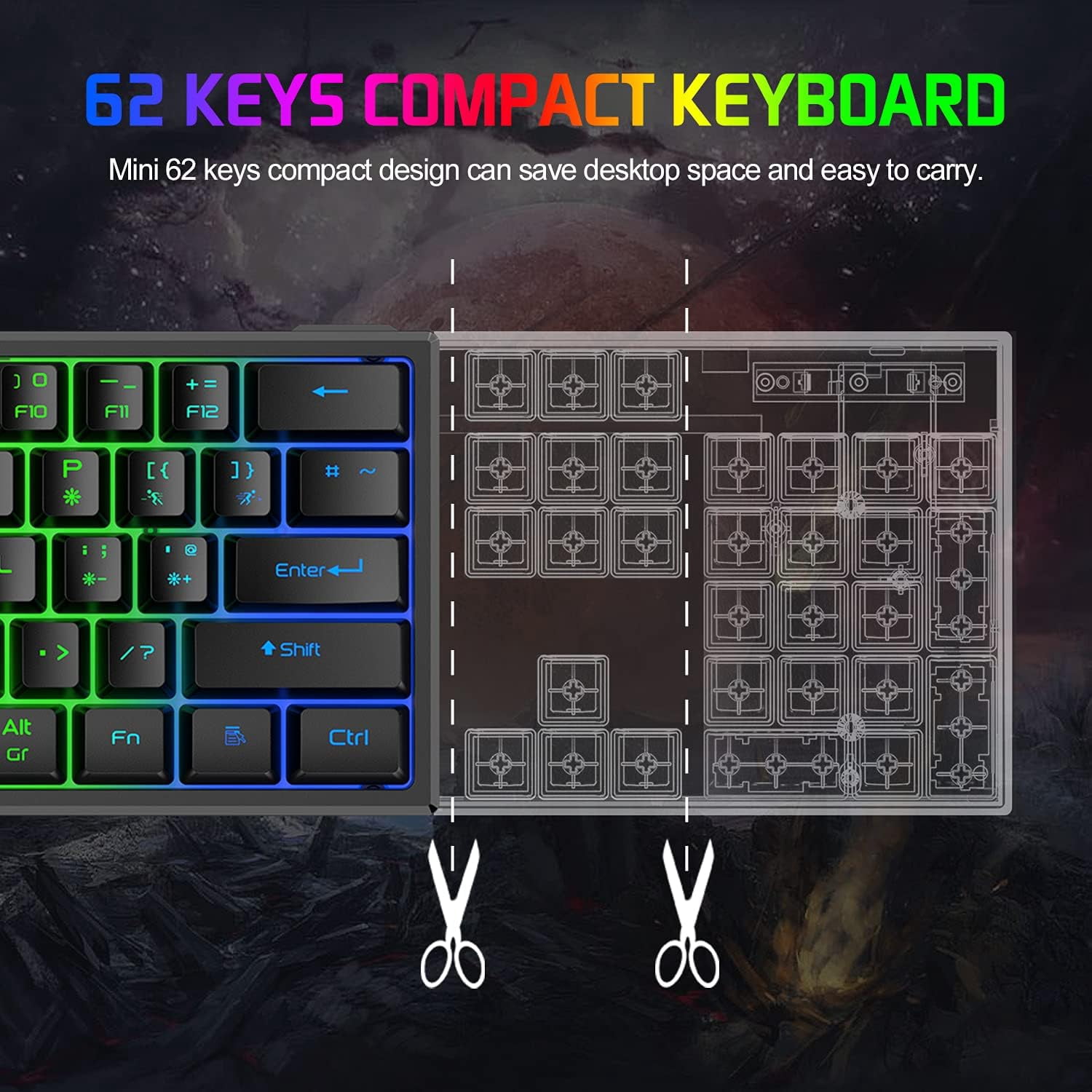 K61 UK Layout RGB 60% Gaming Keyboard Mouse Set Wired 62 Keys Mini Portable Keyboard 7 RGB LED Backlit 19 key Anti-ghosting + 2400 DPI Ultralight Gaming Mouse Ergonomic Honeycomb Shell +Mouse Pad