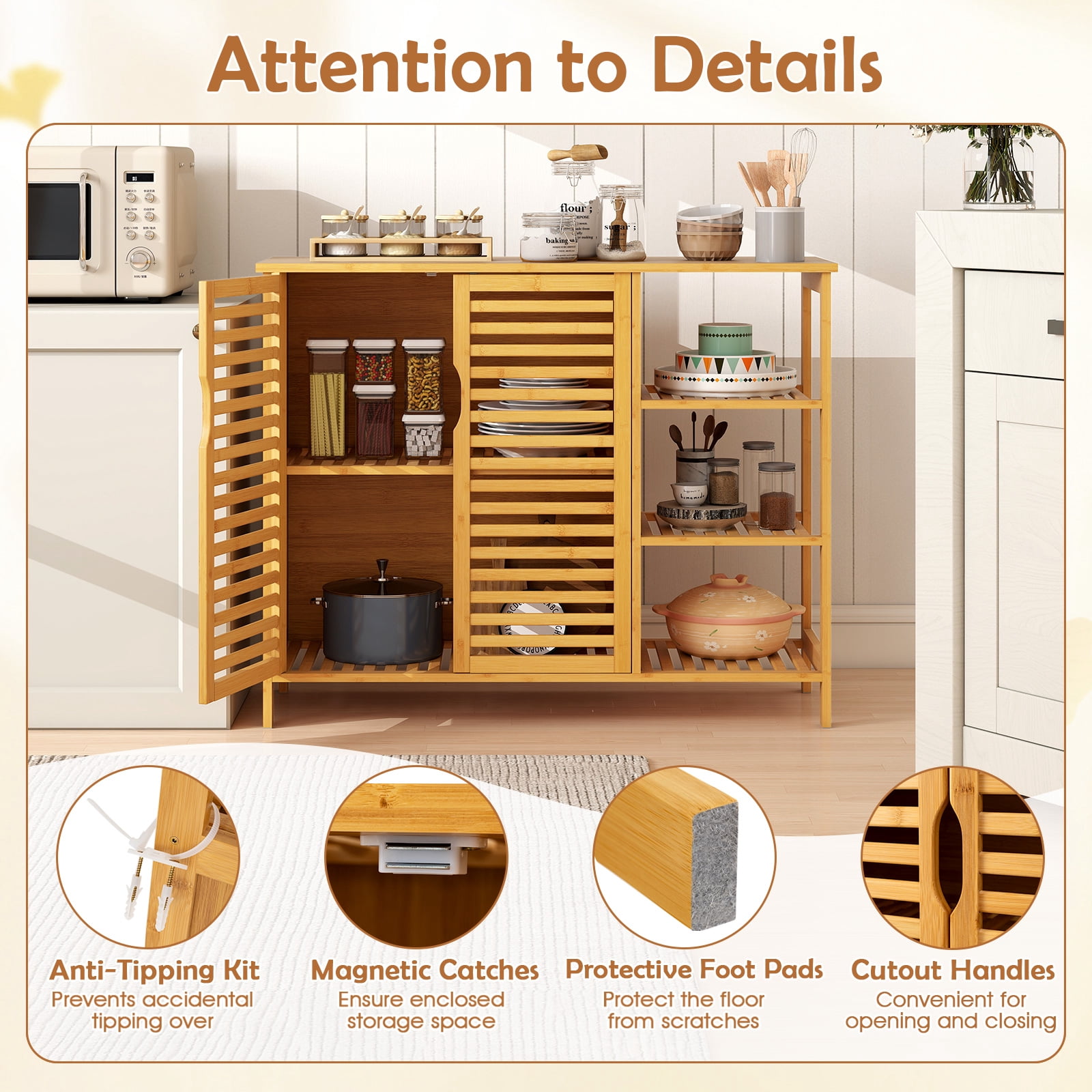 Giantex Bamboo Bathroom Cabinet, Freestanding Storage Unit w/3-tier shelf, 2-Door Storage Organizer Slatted Floor Cupboard