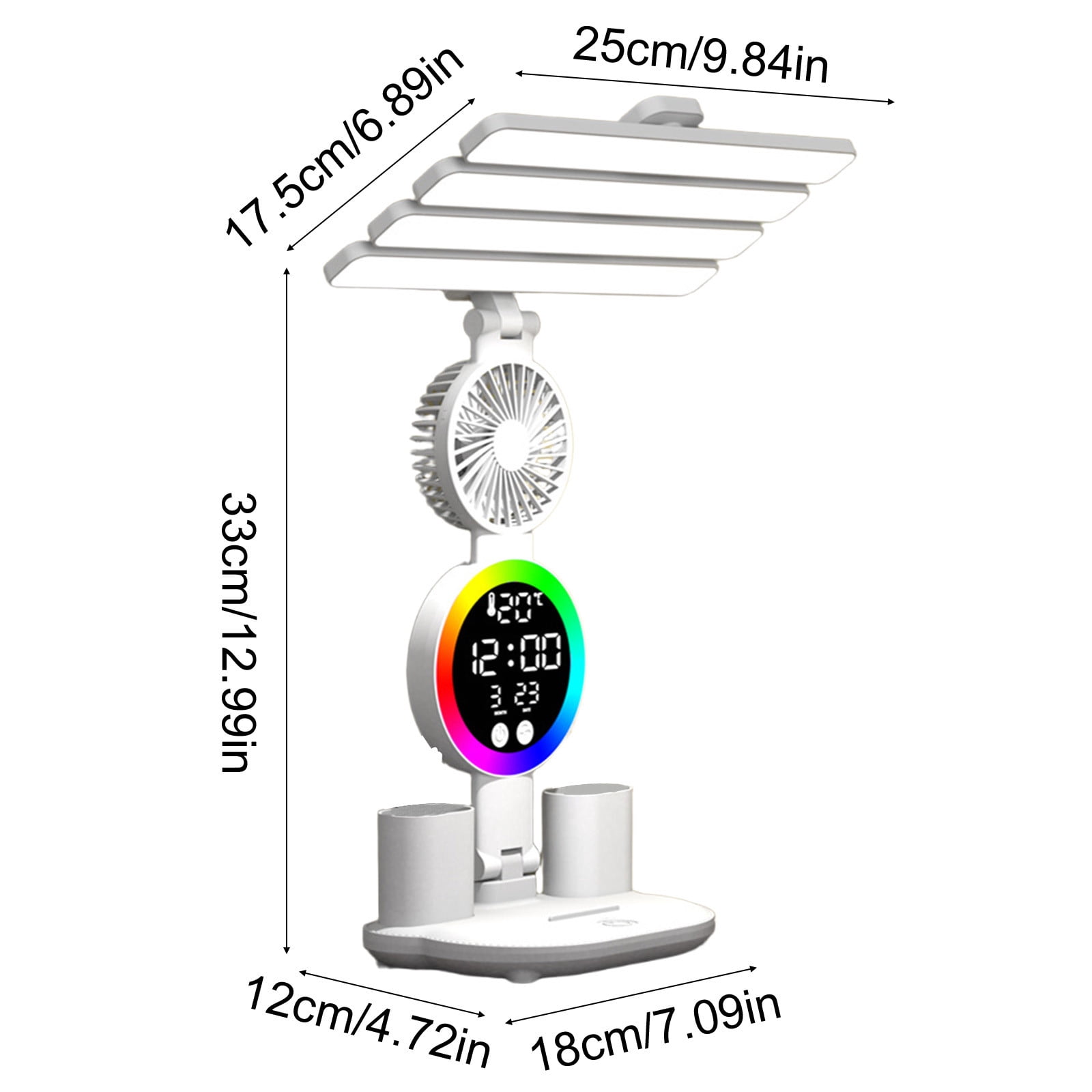 Kumdkd Rechargeable LED Desk Lamp with Fan & Clock - 5-in-1 RGB Study Lamp for Dorm Room | Foldable Computer Desk Light with Temperature Display & Pen Holders (White)