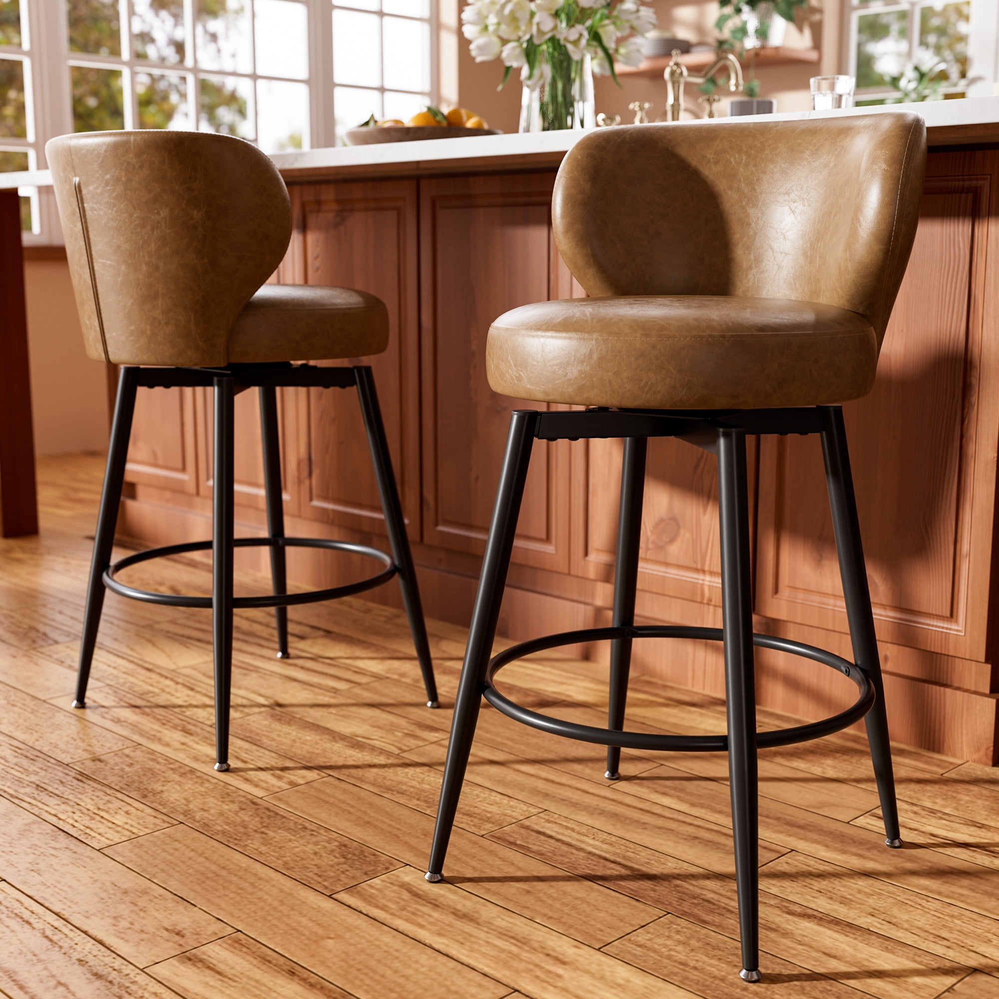 HomeZeer Bar Stools Set of 2, 26" Counter Height 360° Swivel with Low Back, PU Leather Upholstered Round Seat, 300lb Capacity Metal Legs for Kitchen Island, Dining& Bar, Brown