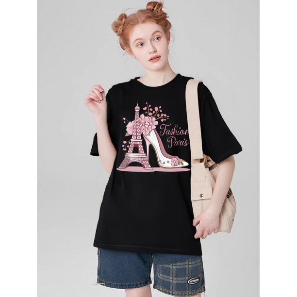 Chic Eiffel Tower & High Heels Graphic Tee for Women - Soft Polyester Blend, Short Sleeve Crew Neck, Relaxed Fit, Casual Summer & Spring Top with Floral Accents, Perfect for Travel & Outdoor Activiti