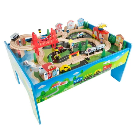 Wooden Train Set Table for Kids, Deluxe Had Painted Wooden Set with Tracks, Trains, Cars, Boats, and Accessories for Boys and Girls by Hey!