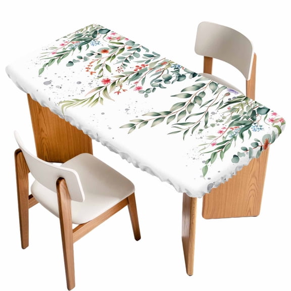 Green Leaves Table Cloths for 4 Foot Rectangle Tables, Eucalyptus Leaves Weeping Summer Botanical Patio Waterproof Elastic Fitted Tablecloths, Washable Rectangular Table Cover for Camping