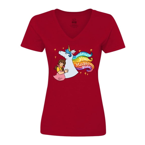 Inktastic Embrace Your Magical Side Girl Hugging A Unicorn Women's V-Neck T-Shirt