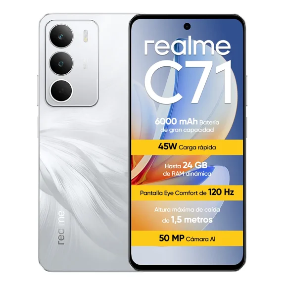 Teléfono Celular Realme C71-256GB 4GB RAM 6.67" LCD 6000mAh 120Hz Carga Rápida 45W NFC Dual SIM Versión México,Blanco
