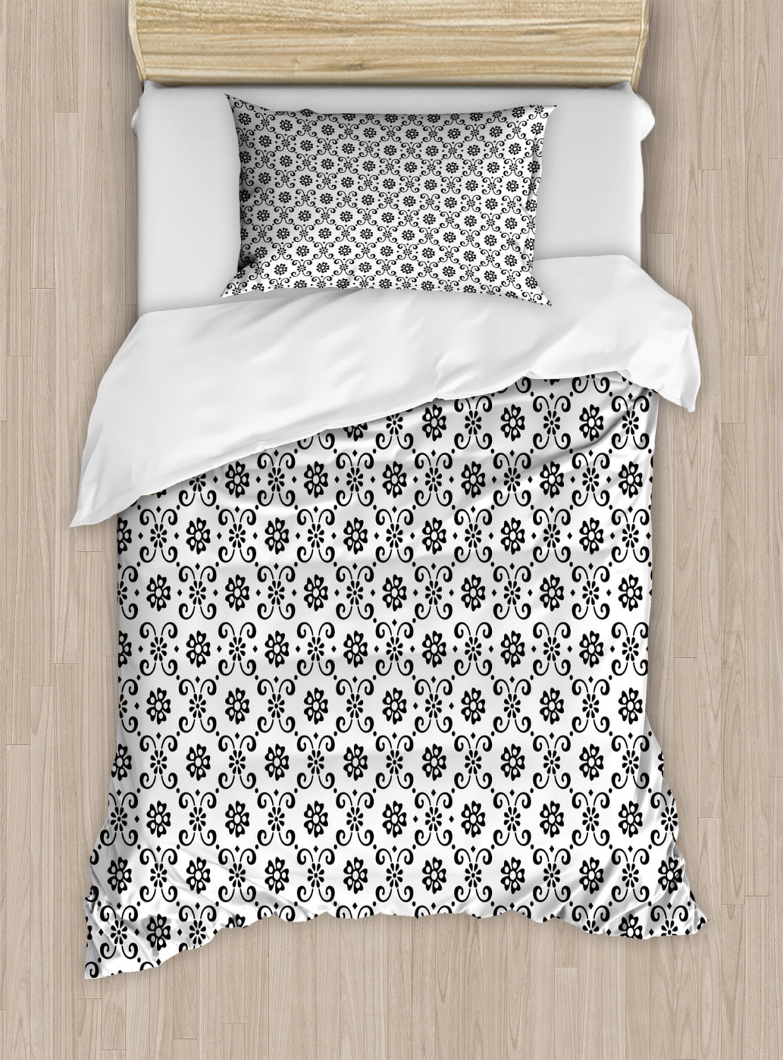Black and White Twin Size Duvet Cover Set, Monochrome Floral