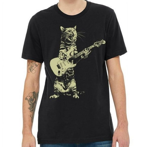 T-shirt Premium Noir pour Hommes Chat Jouant de la Guitare Chaton Joue au Guitariste Rockstar