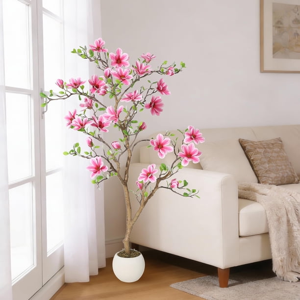 QinaQin Árbol artificial de magnolia con flores rosas, disponible en 4, 5 o 6 pies, ideal para decoración de hogar, oficina, hotel o interiores y exteriores