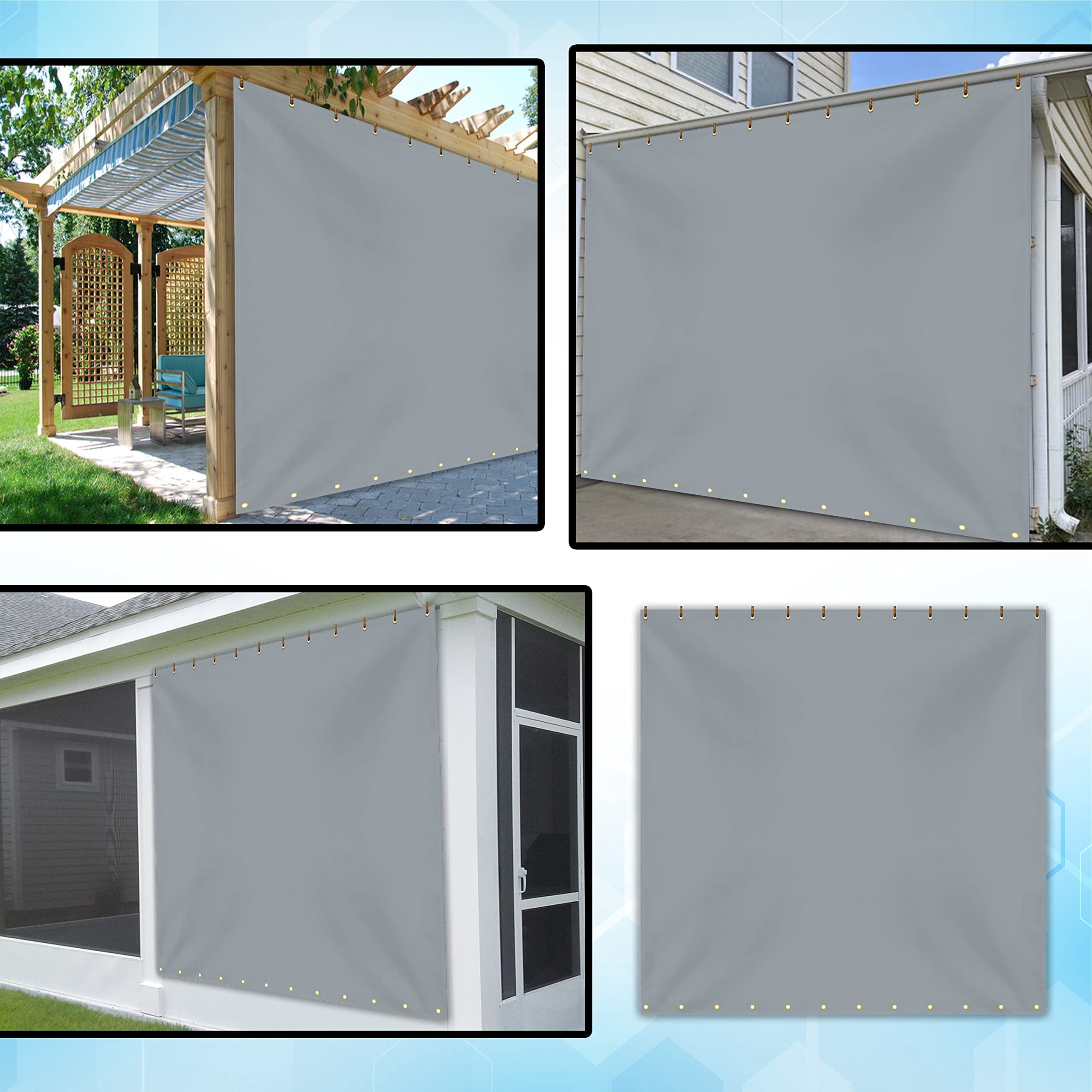 Outdoor Vinyl Curtain for Patio Furniture 18 Oz - Weather Resistant Patio Blackout Drapes for Dining Room Window - with Rustproof Grommets - for Pergola, Porch, Gazebos (8'H x 9'W, Grey)