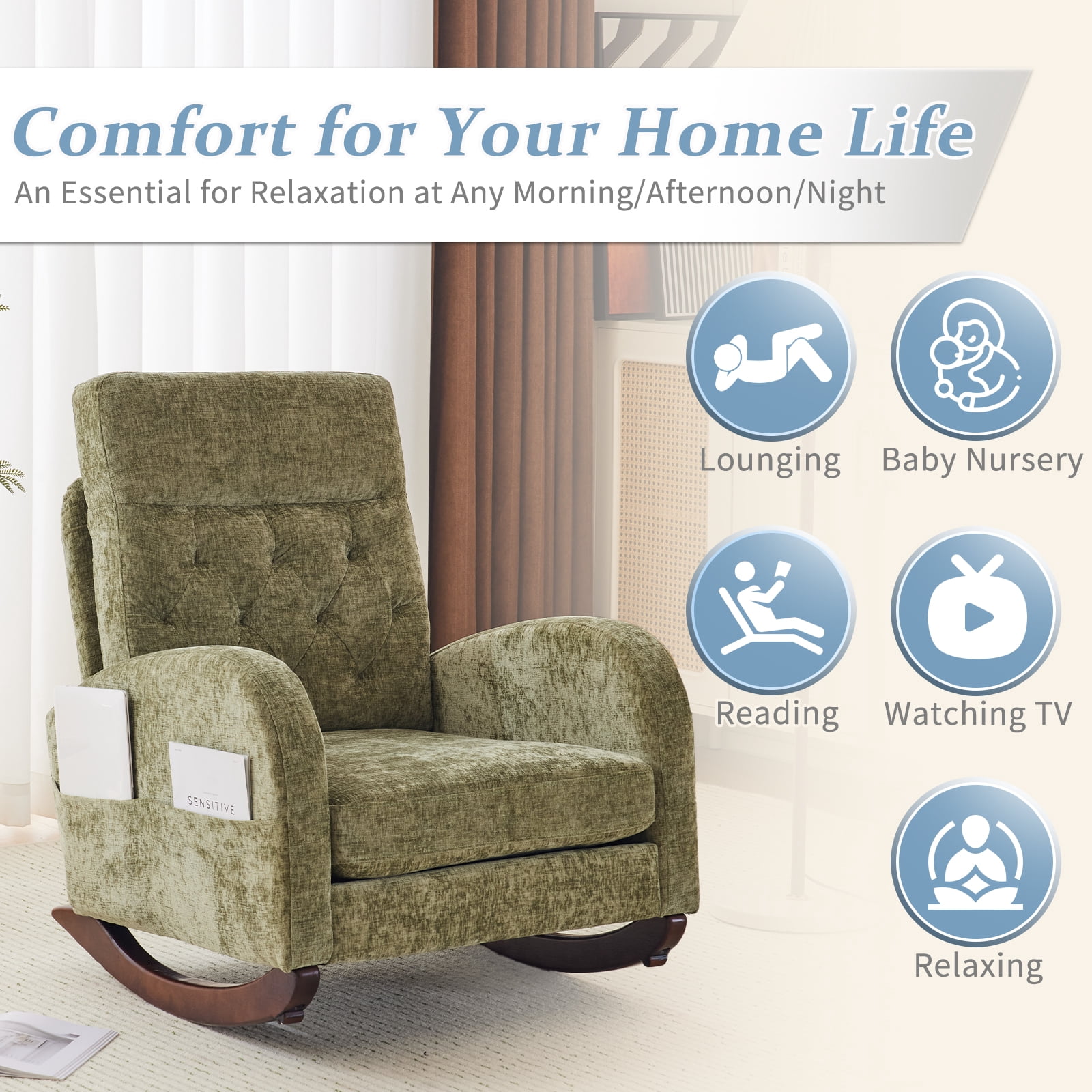 Ktaxon Rocking Accent Chair Glider Reading Chair Comfy Chenille Upholstered Single Sofa Rocker for Living Room, Nursery, Bedroom Olive Green