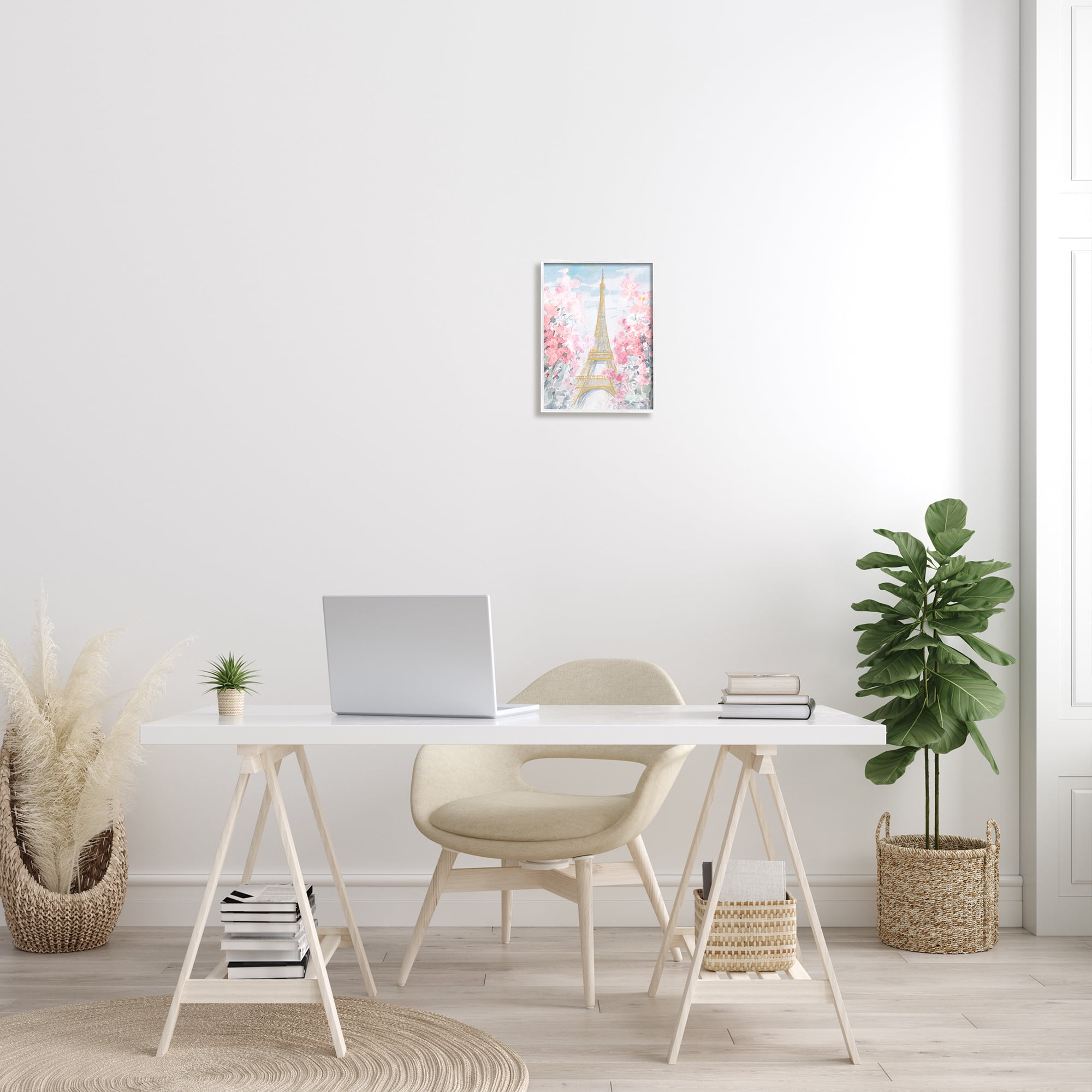 Stupell Industries Eiffel Tower Pink Parisian Spring Florals European Landmark Travel & Places Painting White Framed Art Print Wall Art, 11 x 14