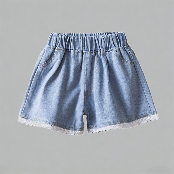 Daznico Girls Light Wash Denim Shorts with Lace Hem Elastic Waist Casual Summer Playwear for Kids,5-6 Years