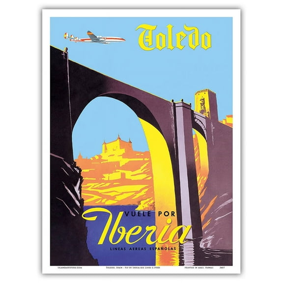 Toledo Spain - The Imperial City - Vuele Por (Fly by) Iberia Air Lines of Spain - Vintage Airline Travel Poster c.1950s - Master Art Print (Unframed) 9in x 12in