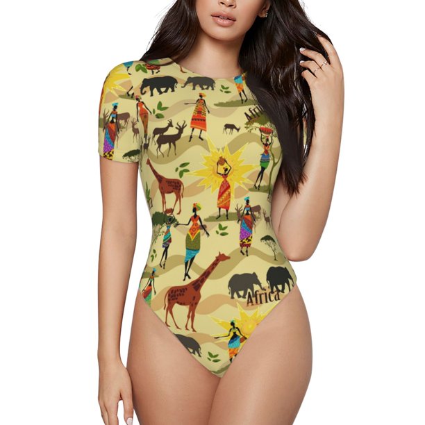 Balery Ethnic African Body de cuello redondo de manga corta para mujer Tops de manga corta Tops básicos-Small