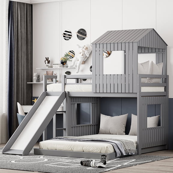 FFZ Twin Over Full Wooden Bunk Bed with Playhouse, Slide and Guardrails, Gray