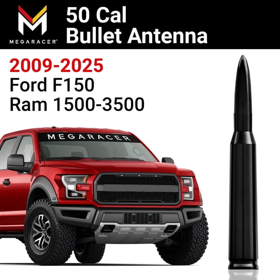 Mega Racer Black 50 Cal Bullet Antenna for 2009-2025 Ford F150 & Ram 1500, 2500, 3500 – Short Truck Antenna Replacement