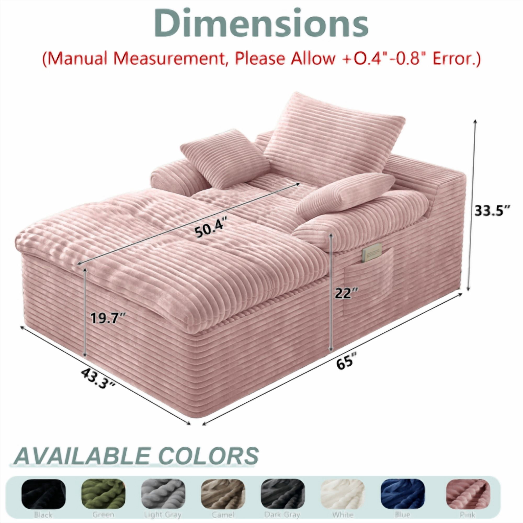 Leumius Oversized Chaise Lounge Chair Indoor,Corduroy Upholstered Sofa Bed with Deep Seat,Cozy Lounge Chair Sleeper Sofa for Living Room,Bedroom,No Assembly Required,Baby Pink