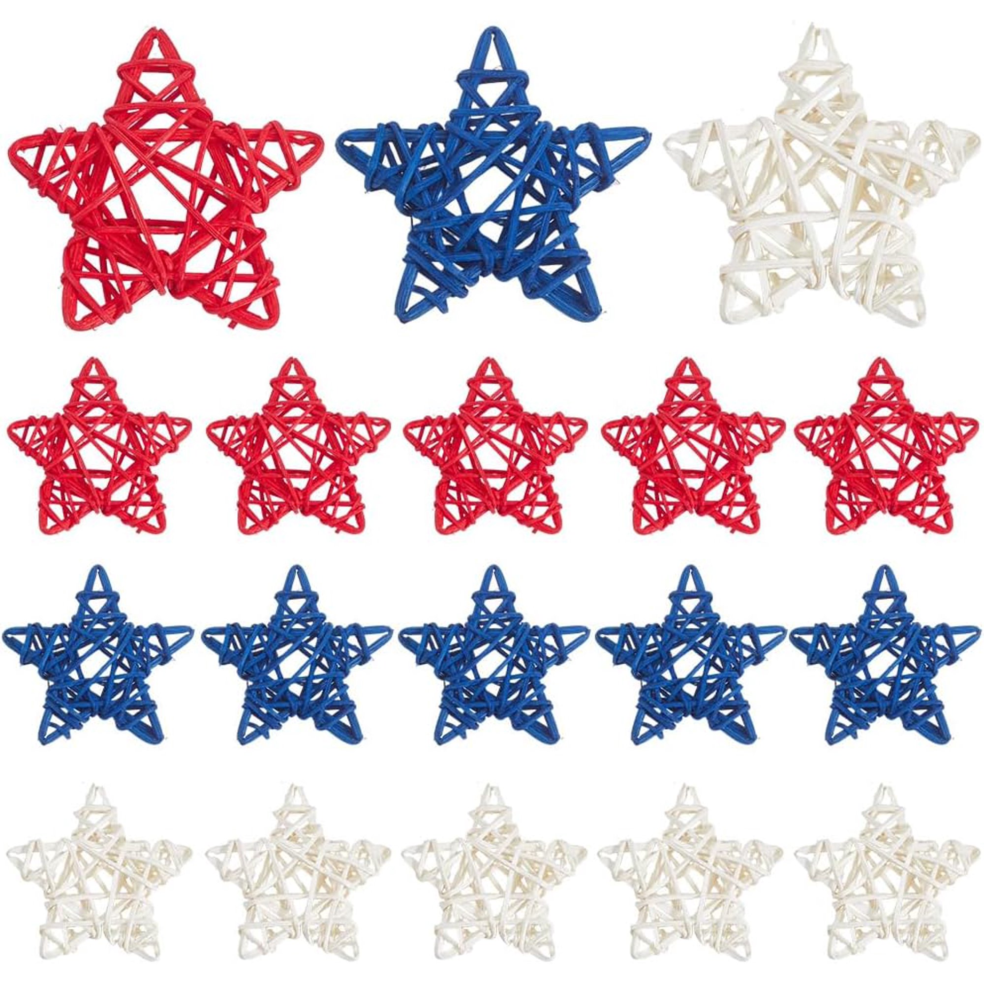 18Pcs Rattan Stars Bulk Red White Blue Wooden Stars Decor 2.36 Inch Small Wicker Rattan Ball Vase Bowl Filler 4th of July Decorations for Home Wedding Party Veterans Decor