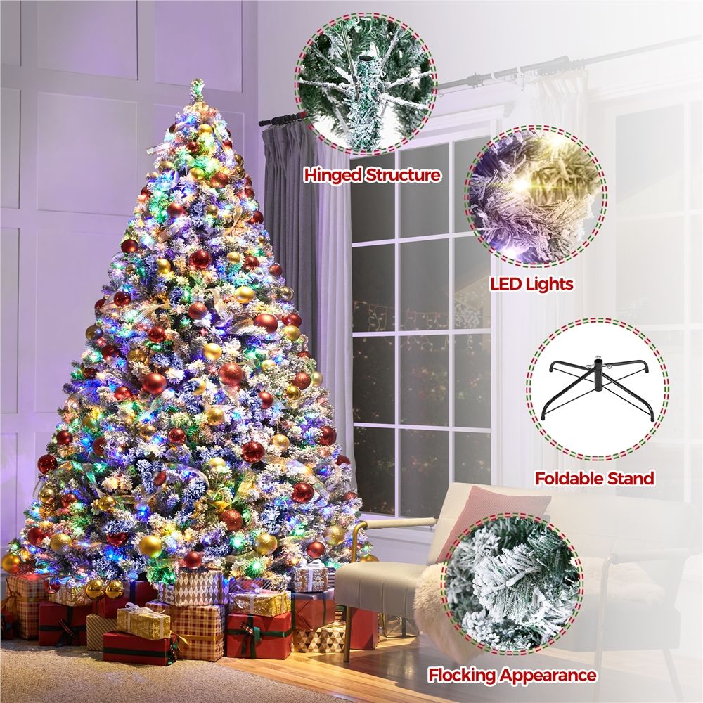 Alden Design 9 Ft Pre-Lit Flocked Artificial Christmas Tree with Foldable Stand, Green