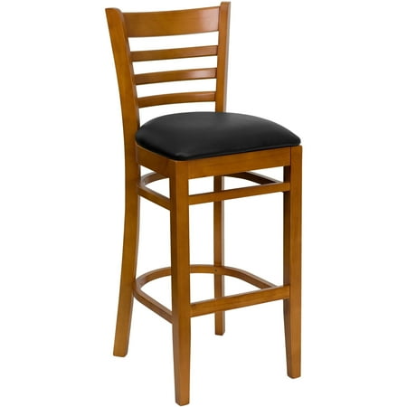 - Lancaster Home Ladder Back Wooden Restaurant Barstool black vinyl seat/cherry wood frame