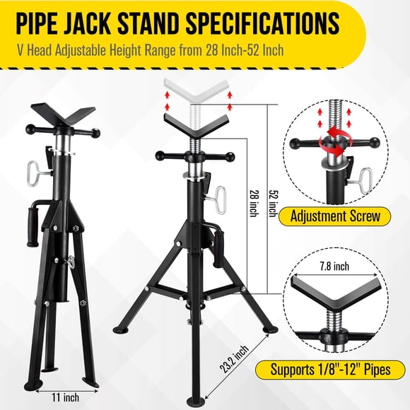 BeesClover Pipe Jack Stand – 2500LB Capacity V-Head Support with Collapsible Base & Height Adjustment, Compatible with 1/8" to 12" Diameter Pipes