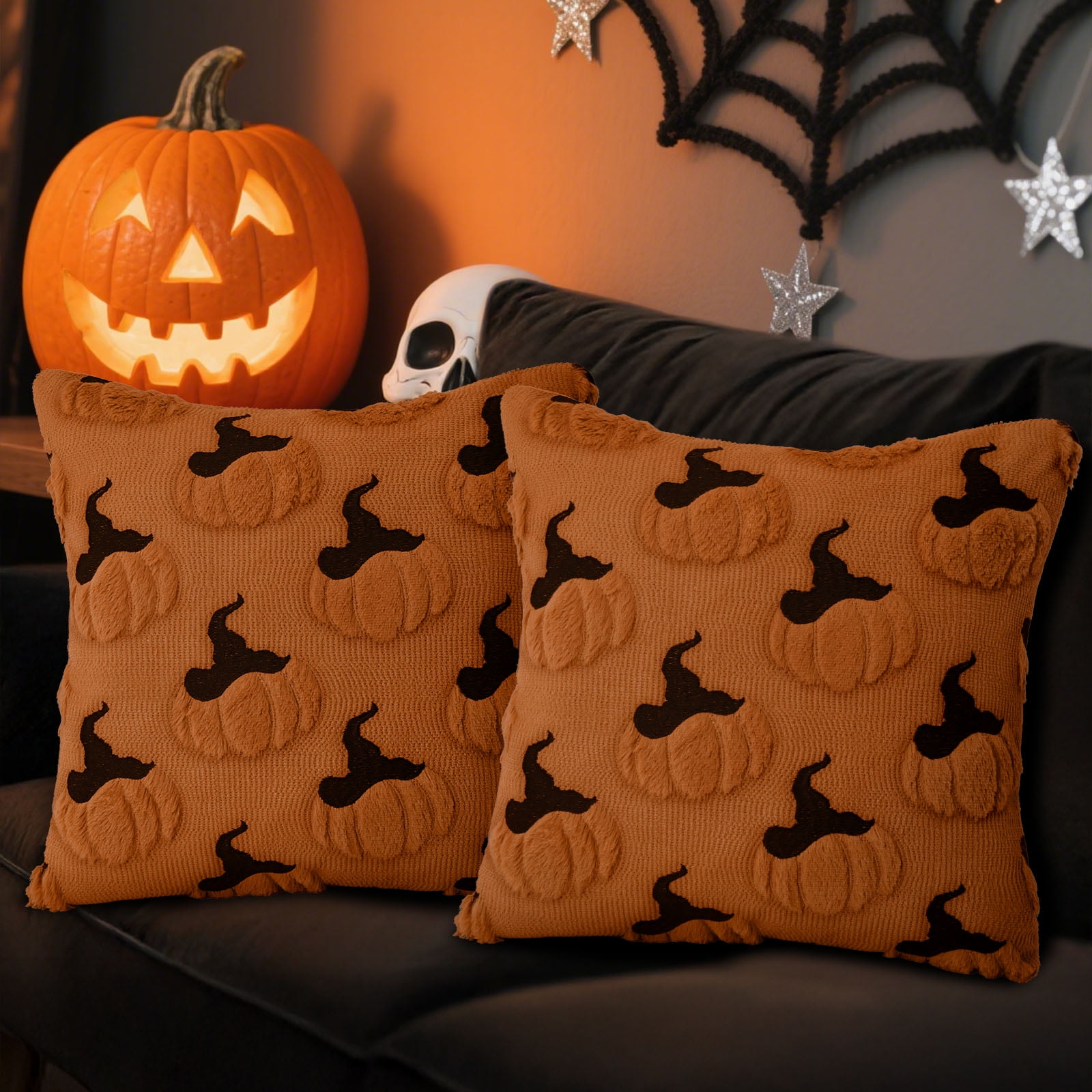 Sanmadrola Fall Pillow Covers 18x18 Throw Pillow Cases Set of 2 Halloween Thanksgiving Autumn Decorations Pumpkin Soft Plush Faux Fur Wool Couch Cushion Case for Sofa Bedroom Living Room Home Decor