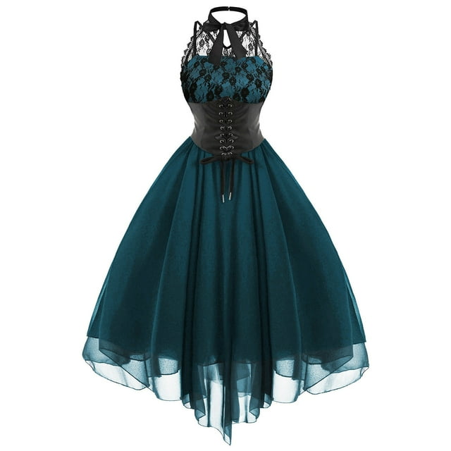 ICHUANYI Clearance Women Fashion Gothic Style Sexy Banquet Festival Dress Lace Vintage Dress Chiffon Dress(Navy, M) ICHUANYI WER2023080909569