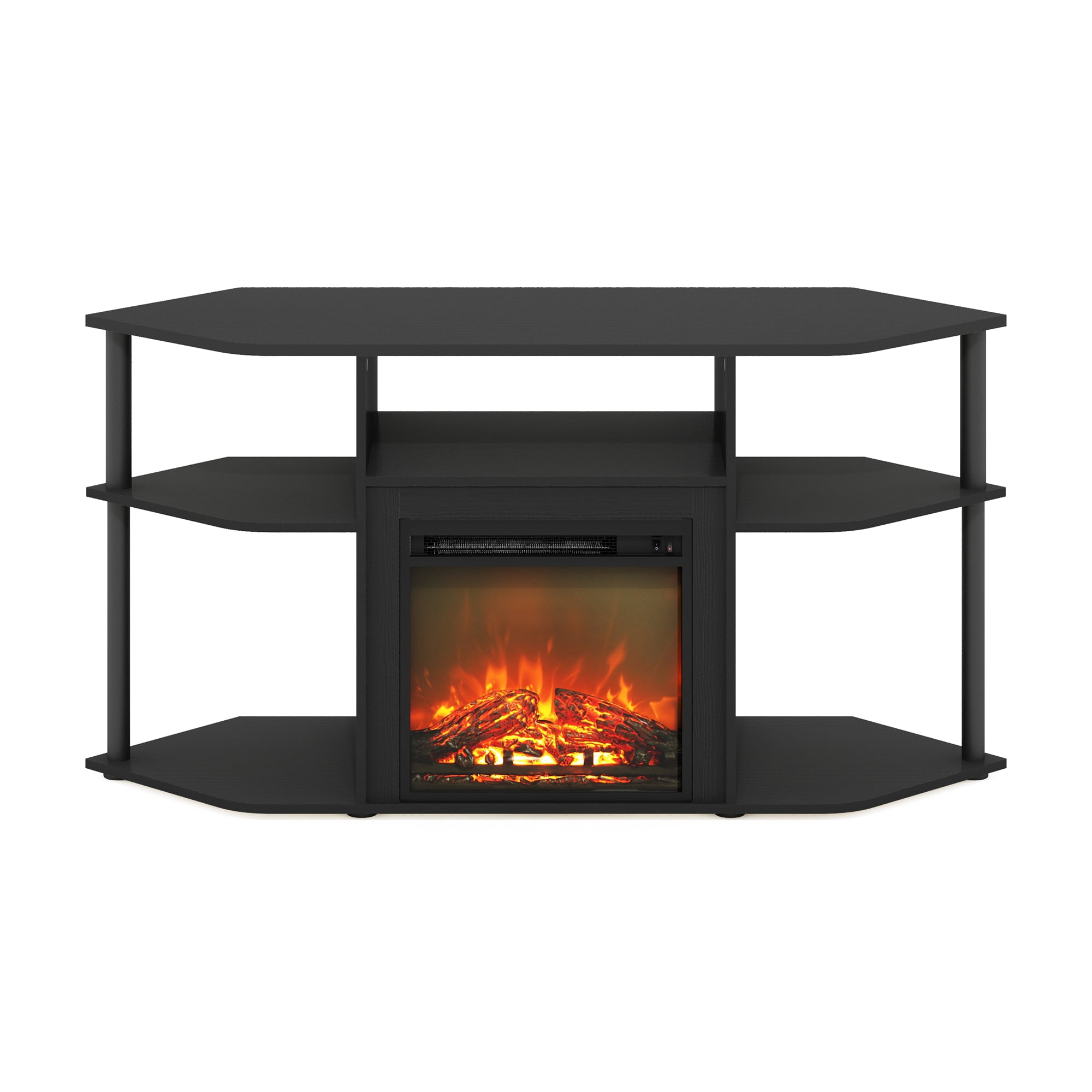 Furinno Jensen Open Storage Corner Fireplace TV Entertainment Center with Plastic Poles for TV up to 55 Inch, Americano/Black