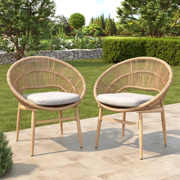 Jopath Set of 2 Papasan Style Dining Chair, Outdoor Wicker Chair with Teak Finished Leg and Light Brown Faux Rattan for Patio Balcony Garden Living Room Kithen