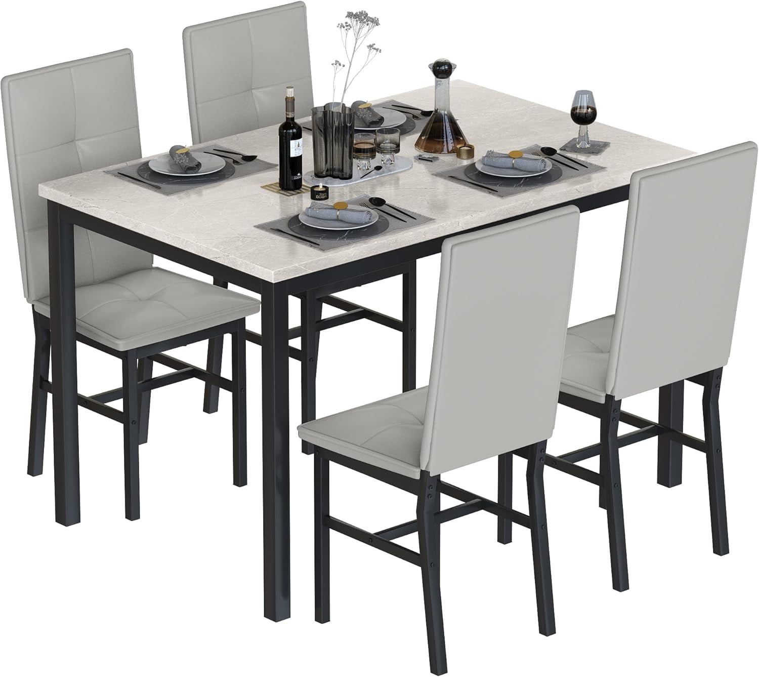 LinkRomat Dining Table Set for 4, Modern Faux Marble Tabletop and 4 PU Leather Upholstered Chairs, Kitchen Table and Chairs for Dining Room Breakfast Nook, Gray