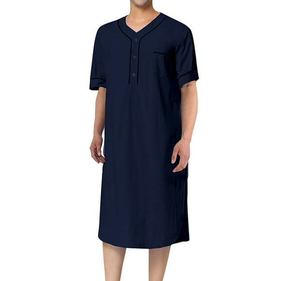 Fashnice Hommes Chemise de Nuit Manches Courtes Thobe Musulman Robe de Nuit Pyjama Bleu Marine 2XL