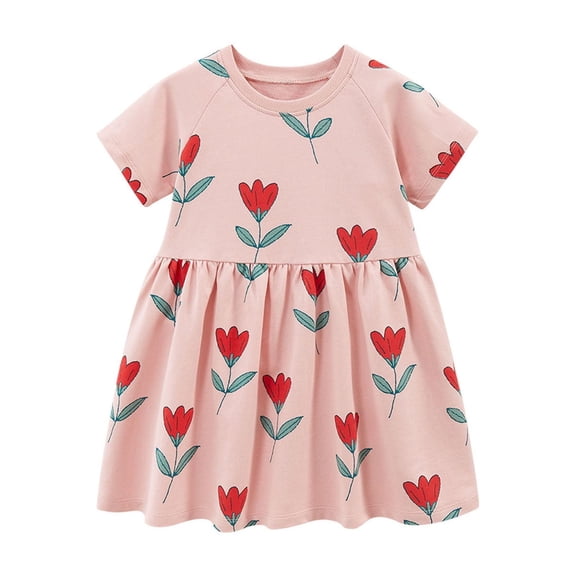 Tisuna Floral Print Dress For Girls Toddler Short Sleeve Crew Neck Summer Dresses Fashion Soft Girls Infant Kids Princess Dress Pink Size 2-3 Years
