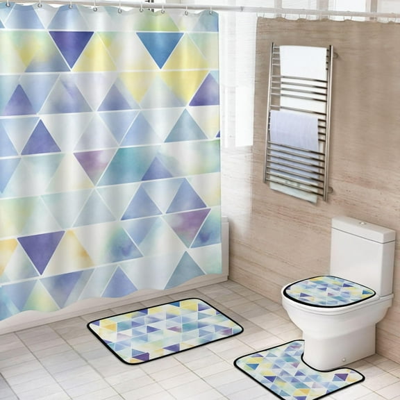 Shower Curtain Set 4 Piece for Bathroom Decoration, Geometric Bathroom Sets with 1 Fabric Shower Curtain and 3 Non-Slip Bathroom Rugs Accessories with Hooks