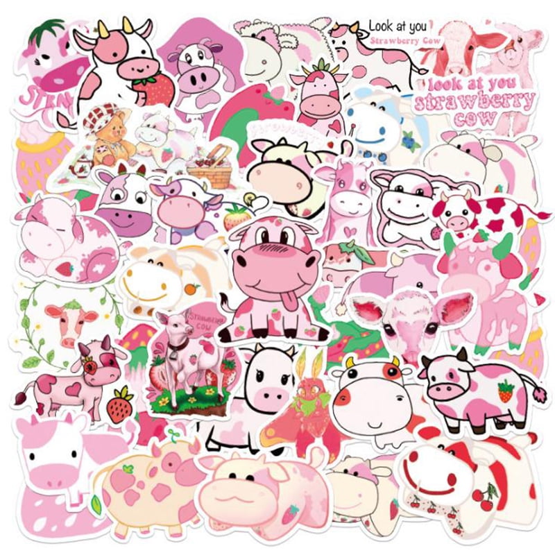 50x Cartoon Pink Strawberry Cow Stickers Laptop Skateboard Luggage Sticke_xx 