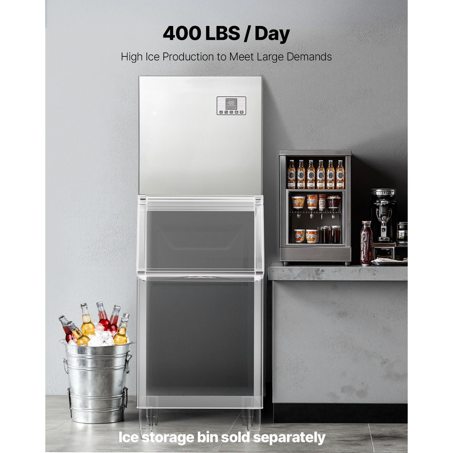 KFFKFF Commercial Ice Maker Machine - Produces 400 Lbs/Day, Stainless Steel Build with Programmable Ice-Making, Self-Cleaning Function, Adjustable Ice Thickness, Perfect for Restaurants, Bars, Cafes