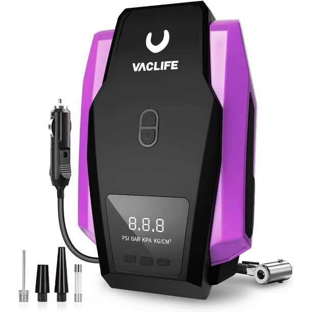VacLife Compresor de aire portátil - Bomba de aire para neumáticos de automóvil (hasta 50 PSI), bomba de neumáticos de 12 V CC para bicicletas (hasta 150 PSI) con luz LED, manómetro digital, modelo: A