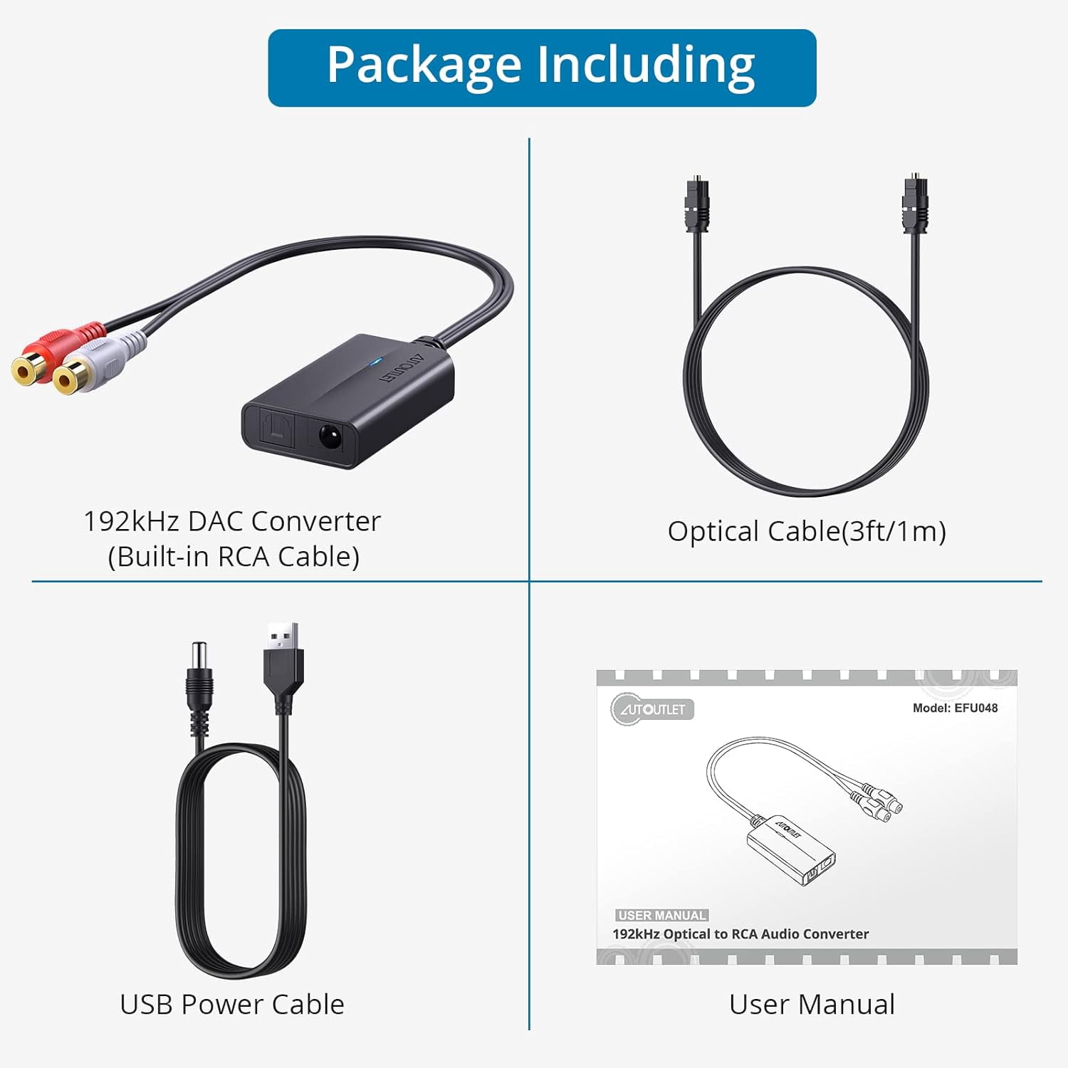 AUTOUTLET 192kHz Optical to RCA DAC | with 3ft Cable | for TV/DVD/PS5/Xbox