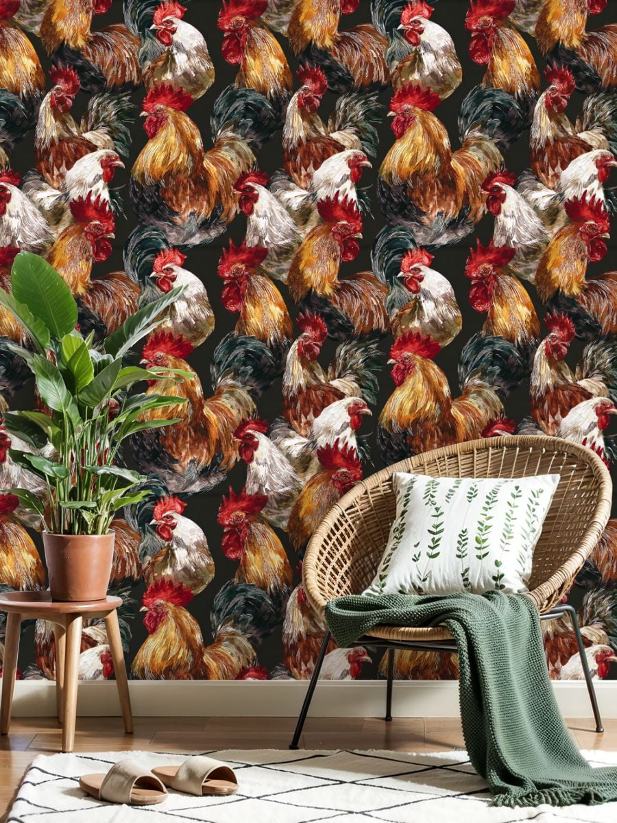 Farmhouse Peel and Stick Wallpaper Colorful Rooster Rustic Farmhouse Style Dark Wall Mural 17.7in x 9.8ft Self Adhesive Removable Wall Paper Renter Friendly Wallpaper for Nursery Bedroom Cabinets