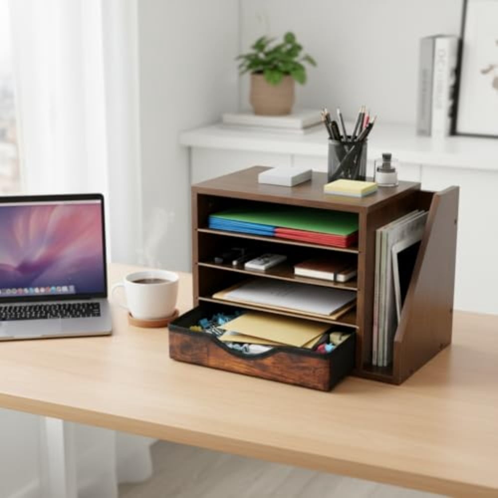 Wooden Desk Organizer with Drawers Wood Desk Organizers and Accessories 4 Tier Desk Organizer with Adjustable Shelves Paper File Mail Organizer for Home Office Brown