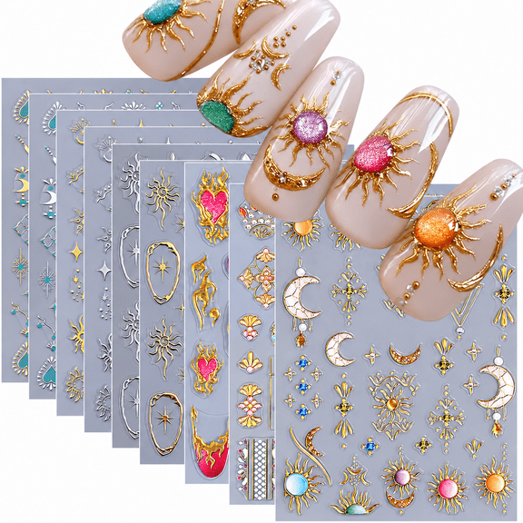 Sun Nail Stickers, 9 Sheets Bohemian Nail Art Stickers, 3D/5D Embossed Self-Adhesive Sun Moon Nail Decals, Gothic DIY Nail Decorations