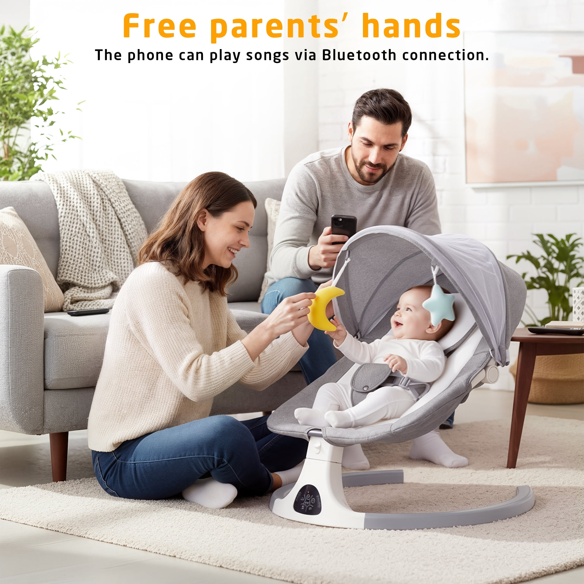SACVON Baby Swing with Bluetooth Music and Remote Control, 5 Adjustable Settings, Portable, Suitable for Indoor and Outdoor Use, Gray