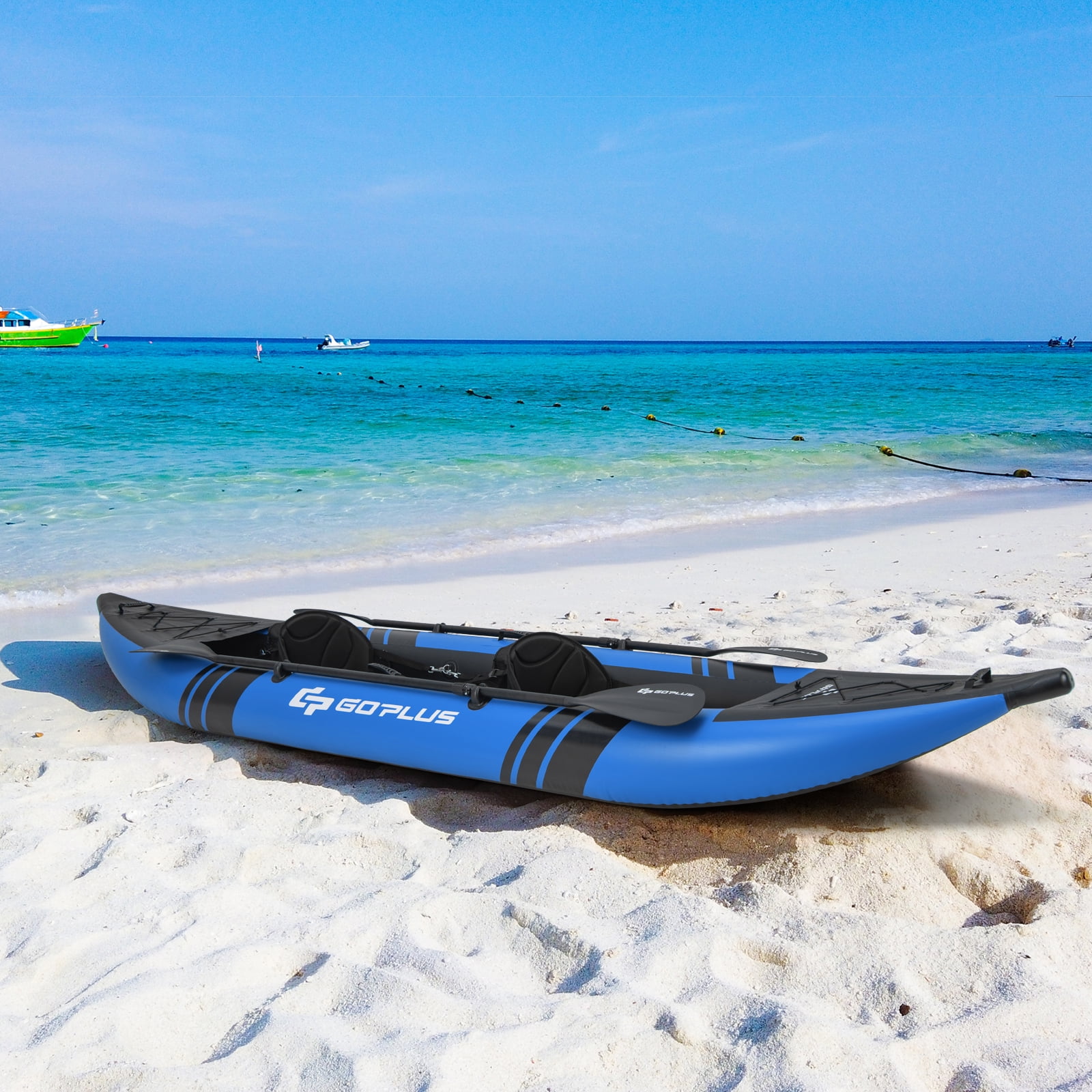 Goplus Inflatable Water Float Set Portable 2-person Kayak with Aluminium Oars EVA Padded Seat Blue