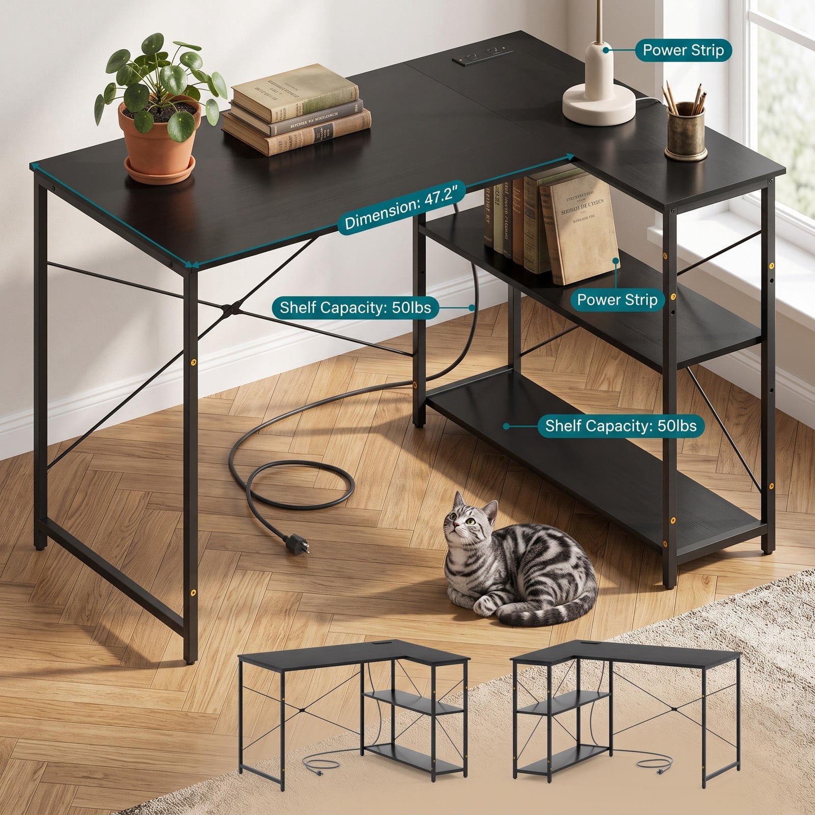 Furnibear L Shaped Desk with Charging Station and Adjustable Shelves, 47 Inch Reversible Corner Computer Desk for Home Office, Black