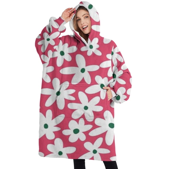Oversized Wearable Blanket Hoodie,Red Daisy Flower Green Centers Pattern Sherpa Blanket Hoodie with Super Pockets,Super Warm Fuzzy Pullover for Women & Men