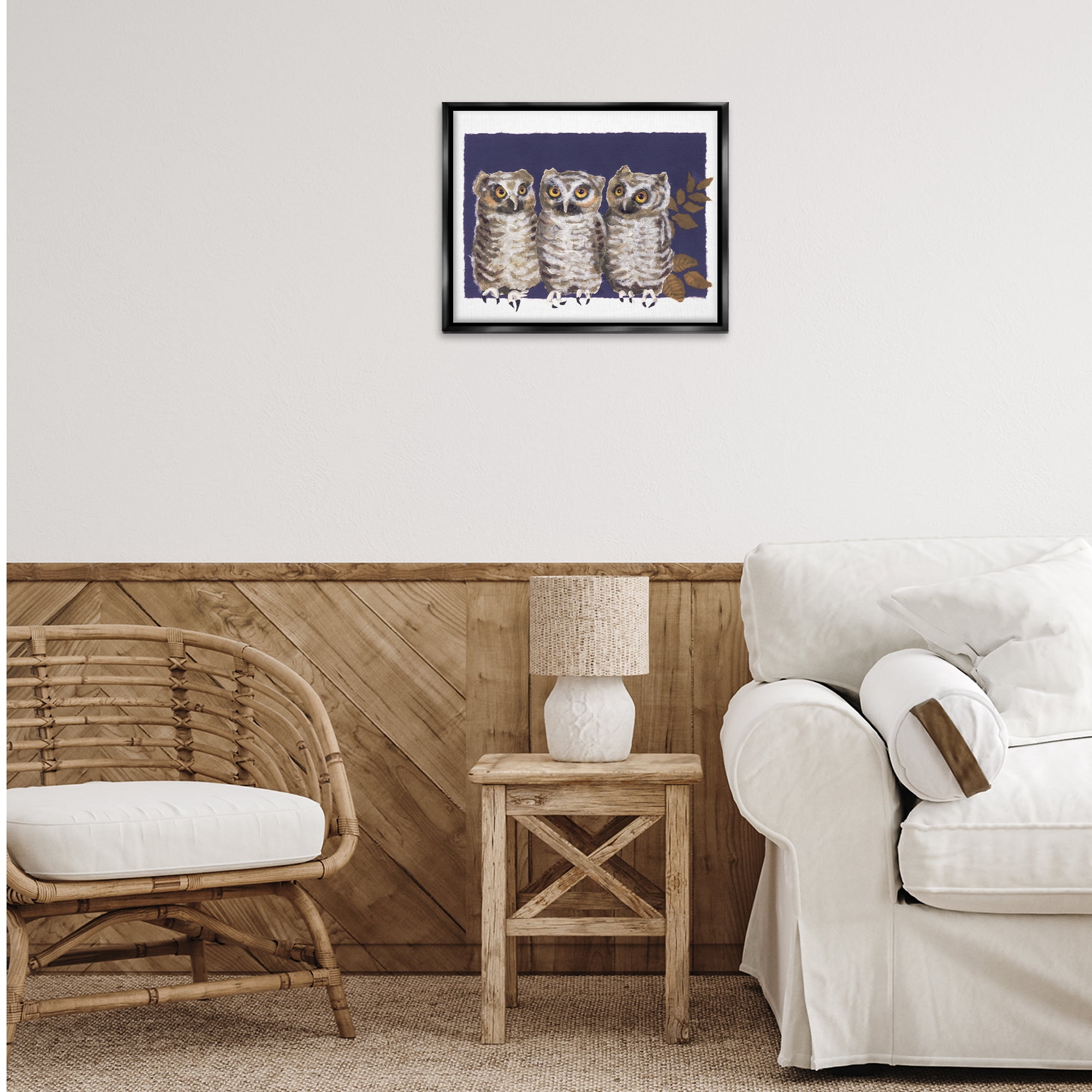 Stupell Industries Owl Trio & Leaves Animals & Insects Painting Black Floater Framed Canvas Art Print Wall Art, 21 x 17