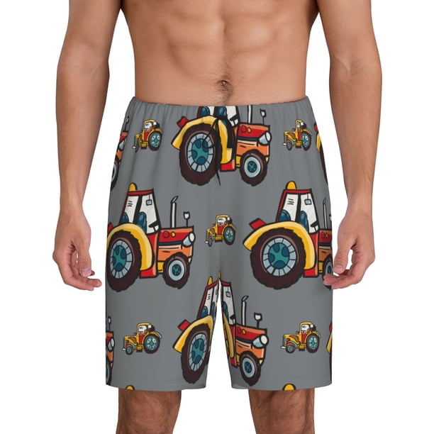 Balery Cartoon Tractor Pantalones cortos de pijama de punto de algodón para hombre con cinturilla y bolsillos-XX-Large